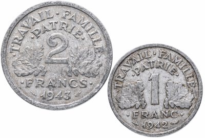 купить Франция, Режим Виши 1 и 2 франка 1942-1944