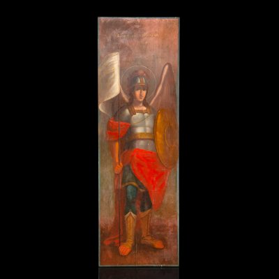 купить Икона храмовая "Архистратиг Михаил" (Архангел Михаил - предводитель воинства Небесных сил, покровитель военных), дерево, масло, Российская империя, 1890-1915 гг.