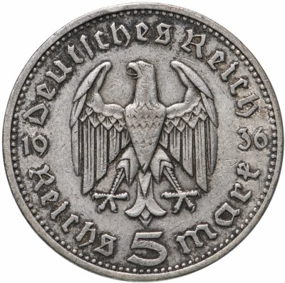 купить Германия (Третий Рейх) 5 рейхсмарок 1936, Монетный двор А - Берлин, Орел без свастики (Гинденбург)