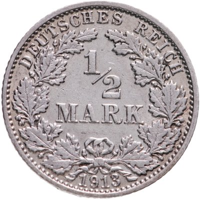купить Германия 1/2 марки (mark) 1913, знак монетного двора: "J" - Гамбург