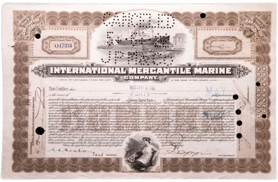 купить Акция США INTERNATIONAL MERCANTILE MARINE ( ТИТАНИК)" Гашение представителями банка "JP Morgan"" 1922 г.