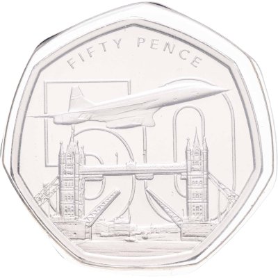 купить Джерси 50 пенсов (pence) 2026 "50 лет Конкорду - Тауэрский мост в Лондоне"