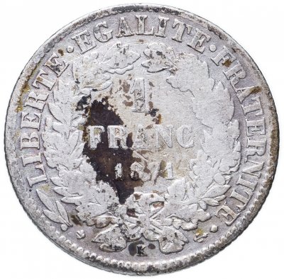 купить Франция 1 франк (franc) 1871 K знак монетного двора: "K" - Бордо