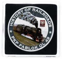 Купить Либерия 5 долларов 2011 "История железных дорог - поезд PKP Fablok ol 49", в футляре с сертификатом