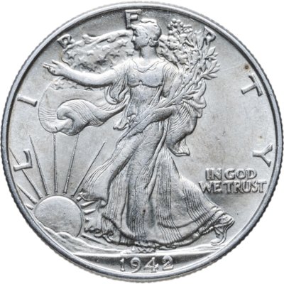 купить США 50 центов (1/2 доллара, half dollar) 1942 Walking Liberty Half Dollar, без отметки монетного двора