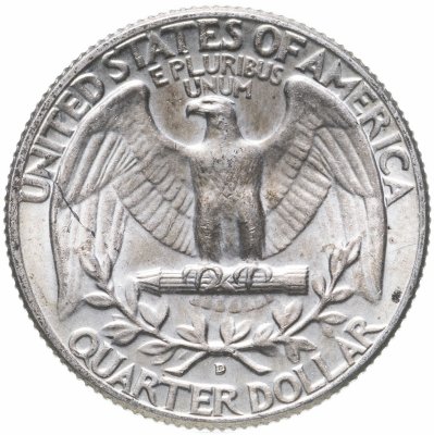 купить США 25 центов (квотер, 1/4 доллара, quarter dollar) 1964 D Washington Quarter (Вашингтон) знак монетного двора "D" - Денвер
