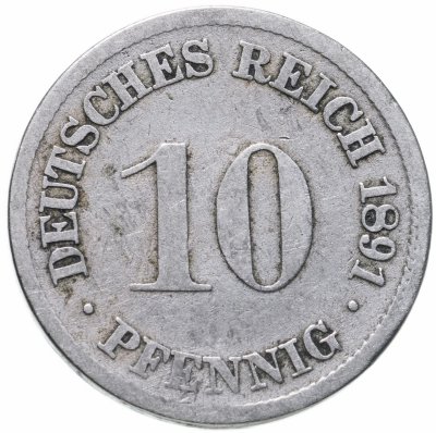 купить Германская Империя, 10 пфеннигов (pfennig) 1891 D, знак монетного двора: "D" - Мюнхен
