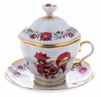 Купить Чайная пара с крышкой "Красный петух", фарфор, роспись, Ленинградский фарфоровый завод ("ЛФЗ"), Россия, 1992-2001 гг.