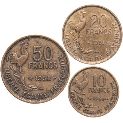 купить Франция набор из 3 монет 10, 20 и 50 франков 1951-1953, случайный год