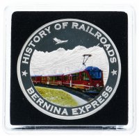 Купить Либерия 5 долларов 2011 "История железных дорог - поезд Bernina express", в футляре с сертификатом