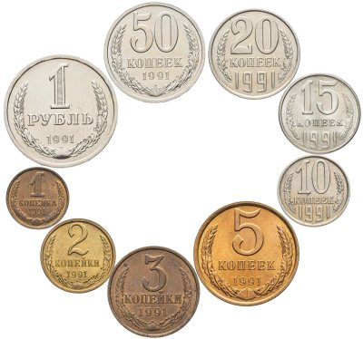 купить Полный годовой набор разменных монет 1991 года ЛМД 1, 2, 3, 5, 10, 15, 20, 50 копеек и 1 рубль (9 монет)