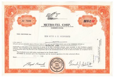 купить Акция США METRO-TEL CORP. 1968 г.
