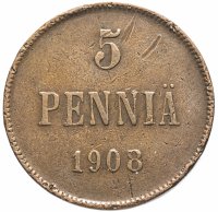 Купить 5 пенни (pennia) 1908, монета для Финляндии