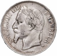 купить Франция 5 франков (francs) 1868 BB серебро, знак монетного двора: "BB" - Страсбург