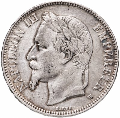 купить Франция 5 франков (francs) 1868 BB серебро, знак монетного двора: "BB" - Страсбург