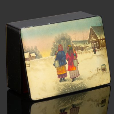 купить Шкатулка (лаковая миниатюра) "Соперницы" по картине Николая Касаткина, папье-маше, лак, роспись, письмо "по-сквозному", Федоскинская фабрика миниатюрной живописи (Федоскино), СССР, 1968 г.