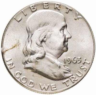 купить США 50 центов (1/2 доллара, half dollar) 1963 Franklin Half Dollar (Франклин) без обозначения монетного двора