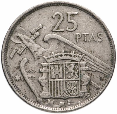 купить Испания 25 песет (pesetas) 1957, год внутри звезды случайный
