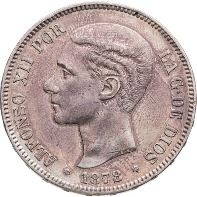купить Испания 5 песет (pesetas) 1878 Знак монетного двора: "DE M" - E.Diaz, J.Escosura