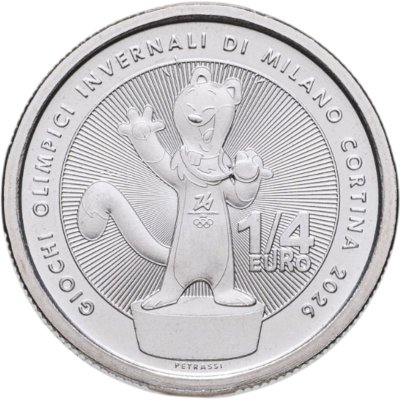 купить Италия 1/4 евро 2025 "Зимние Олимпийские игры 2026 - Талисман игр, горностай Тина"