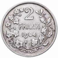 Купить Бельгия 2 франка (francs) 1904 Надпись на голландском - 'DER BELGEN'