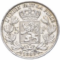 Купить Бельгия 5 франков (francs) 1869