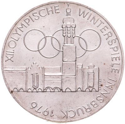 купить Австрия 100 шиллингов (shillings) 1975 "XII зимние Олимпийские Игры, Инсбрук 1976 - Здания и Олимпийская эмблема"
