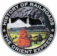 Купить Либерия 5 долларов 2011 "История железных дорог - поезд Orient express", в футляре с сертификатом