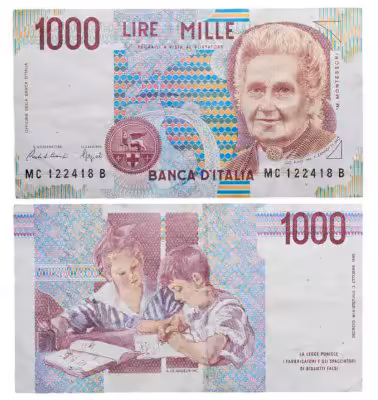 купить Италия 1000 Лир 1990 "Мария Монтессори. Школа Монтессори"(Pick 114)