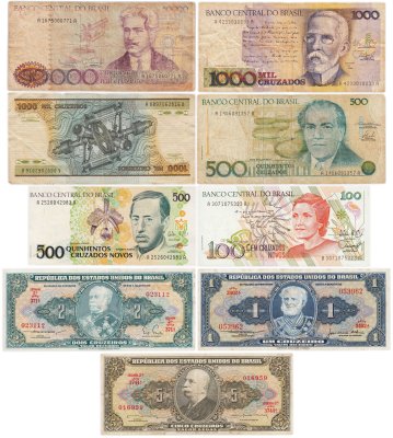 купить Бразилия набор из 9 банкнот 1, 2, 5, 100, 500, 1000, 50000 крузейро 1972-1990