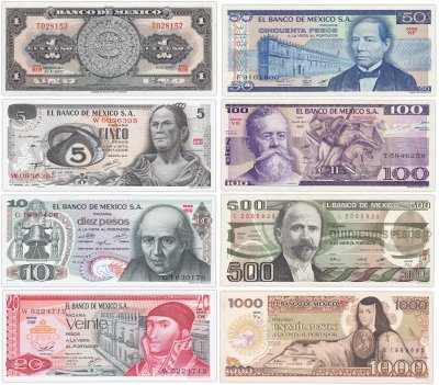 купить Мексика - набор - 1, 5, 10, 20, 50, 100, 500, 1000 песо 1965 - 1985 год