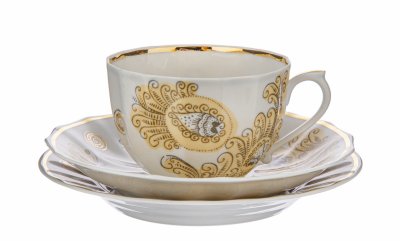 купить Чайное трио с орнаментальным декором, фарфор, деколь, золочение, Дмитровский фарфоровый завод ("Вербилки"), СССР, 1965-1991 гг.
