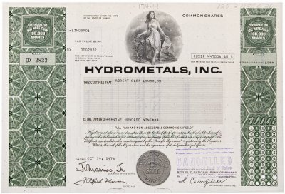 купить Акция США HYDROMETALS, INC. 1976 г.