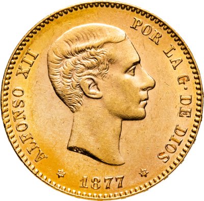 купить Испания 25 песет (pesetas) 1877 Король Альфонсо XII