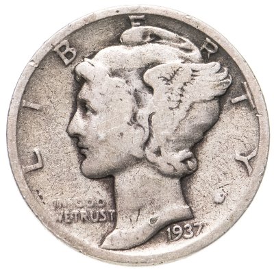 купить США 10 центов (дайм, one dime) 1937 Mercury Dime Без отметки монетного двора