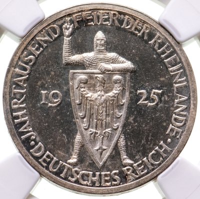 купить Германия (Веймарская республика) 3 рейхсмарки (reichsmark) 1925 "Тысячелетие Рейнской области (Рейнланда)", знак монетного двора "A" — Берлин, в слабе NGC PF62 CAMEO