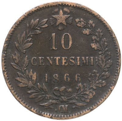 купить Италия 10 чентезимо (centesimi) 1866 .OM, знак монетного двора ".OM" - Страсбург (Точка перед "OM")