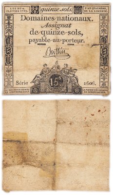 купить Франция 15 солей 1792 ассигнация