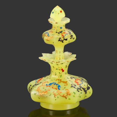 купить Флакон парфюмерный двойной, стекло, урановое, гранение, эмаль, роспись, Богемия, 1850-1880 гг.