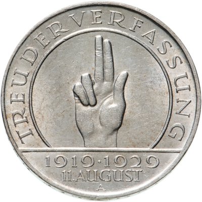 купить Германия 3 рейхсмарки (reichsmark) 1929 A 10 лет Веймарской конституции знак монетного двора "A" — Берлин