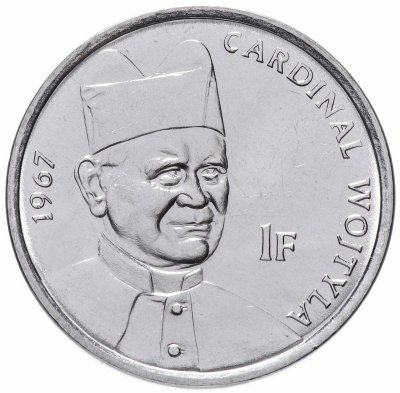 купить Конго (ДРК) 1 франк (franc) 2004 "25 лет правления Иоанна Павла II /кардинал Войтыла, 1967"