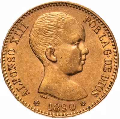 купить Испания 20 песет (pesetas) 1890 с портретом Короля Альфонсо XIII