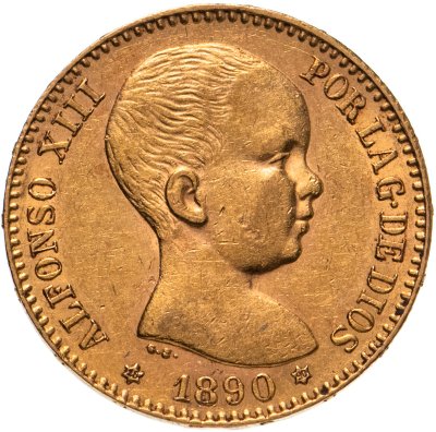 купить Испания 20 песет (pesetas) 1890 с портретом Короля Альфонсо XIII