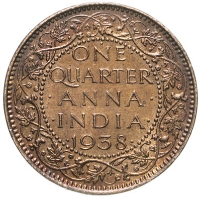 купить Индия Британская 1/4 анны (anna) 1938 знак монетного двора над "ONE": "•" - Бомбей