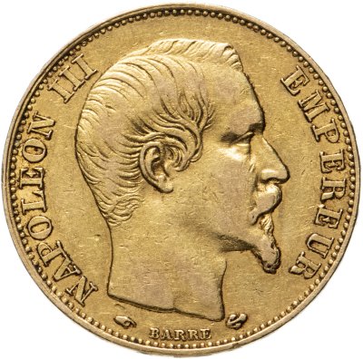 купить Франция 20 франков (francs) 1858, с портретом Наполеона III, знак монетного двора: "A" - Париж