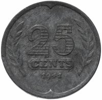 купить Нидерланды 25 центов (cents) 1941-1943 Лодка на аверсе /Цинк/ Нидерланды