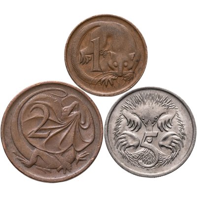 купить Австралия, набор монет от 1 до 5 центов 1966-1984 (3 штуки) Елизавета II, первый портрет
