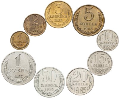 купить Полный годовой набор разменных монет 1985 года 1, 2, 3, 5, 10, 15, 20, 50 копеек и 1 рубль (9 монет)