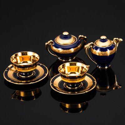 купить Кофейный набор тет-а-тет кобальто-золотистого оттенка, фарфор, золочение, Limoges, Франция, 1950-1970 гг.