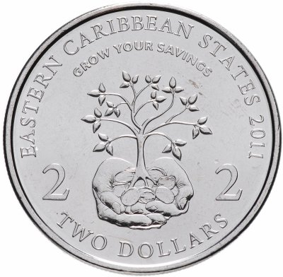 купить Восточные Карибы 2 доллара (dollars) 2011 "10 лет Финансовому Месяцу"